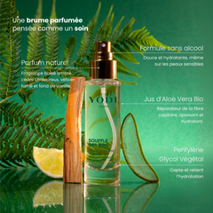 brume souffle des bois à l'aloe vera avec ingrédients sur fond vert yodi