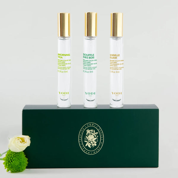 Coffret de mini brumes parfumées Yodi Morning Tea, Souffle des Bois et Vanille Élixir