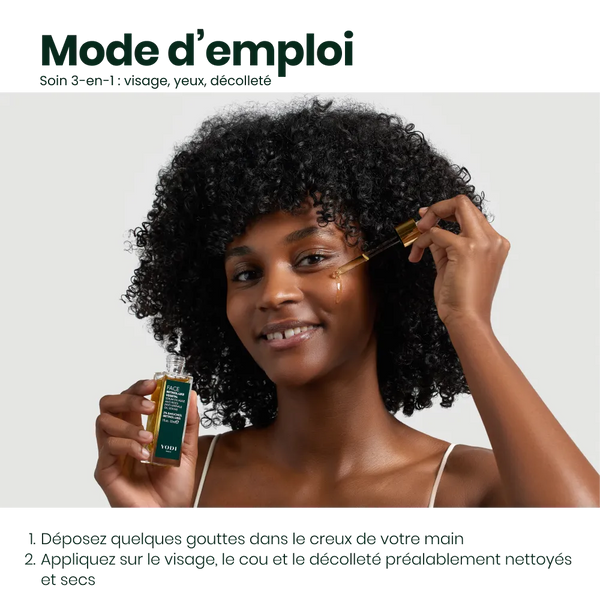 Femme appliquant le sérum en huile Anti Rides Yodi sur son visage avec la pipette
