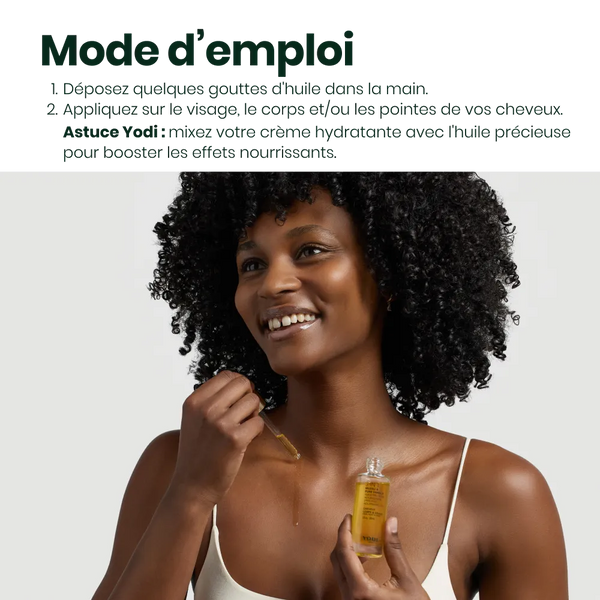 Femme appliquant l'Huile Précieuse Muesli & Pure Vanille sur son visage avec la pipette