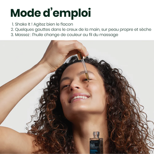 Femme appliquant le sérum en huile Anti Imperfections Shake It sur son visage avec la pipette