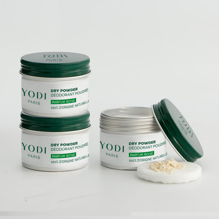 woody-scented dry powder deodorant trio