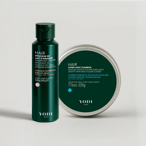Routine Cheveux Volume, Brillance & Purification - Shampoing en poudre douceur lait d'amande yodi et masque charbon