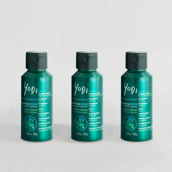 Trio de nettoyants visage en poudre Anti-Imperfections Yodi au charbon végétal, pour peaux mixtes à grasses