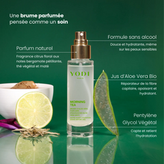 brume naturelle corps cheveux morning tea avec ses ingrédients sur fond vert yodi