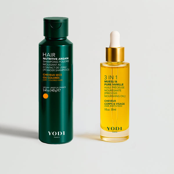 Routine Cheveux Soyeux Yodi : shampoing en poudre Nutritive Argan et Huile Précieuse Muesli & Pure Vanille
