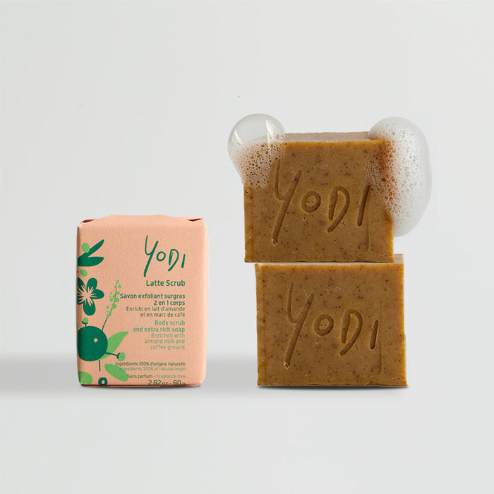 Trio of superfatted soaps Latte Scrub Douce Yodi enriched with almond milk and coffee grounds 