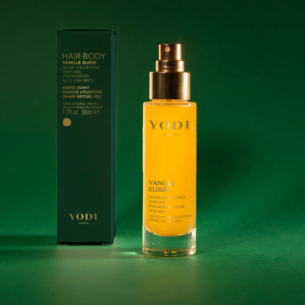 brume aloe vera vanille elixir sur fond vert yodi